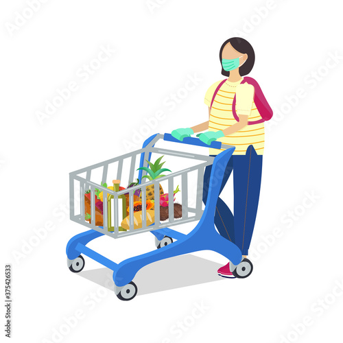 Woman wearing medcal mask while shopping in the grocery store isolated on white backrgound. Vector illustration.