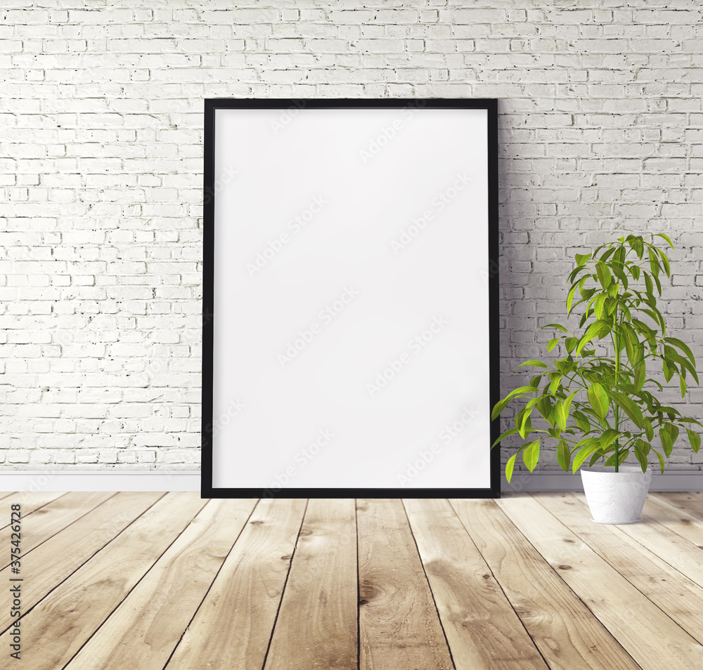 White vertical poster with black wooden frame standing on floor. Template for you design. White vertical poster with black wooden frame standing on floor. Template for you design.