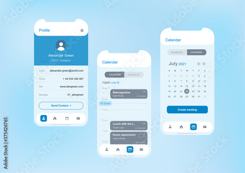 Mobile application template screens for calendar and meeting organiser with profile page, light visual blue and white colors