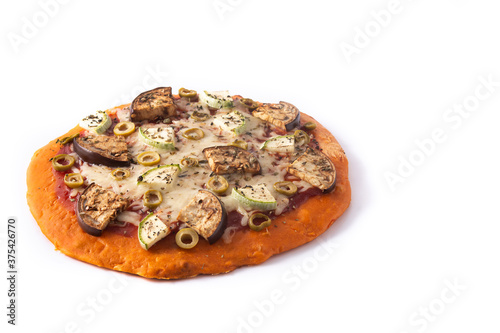 Autumn pumpkin pizza with eggplant, zucchini, olives and mozzarella cheese isolated on white background
