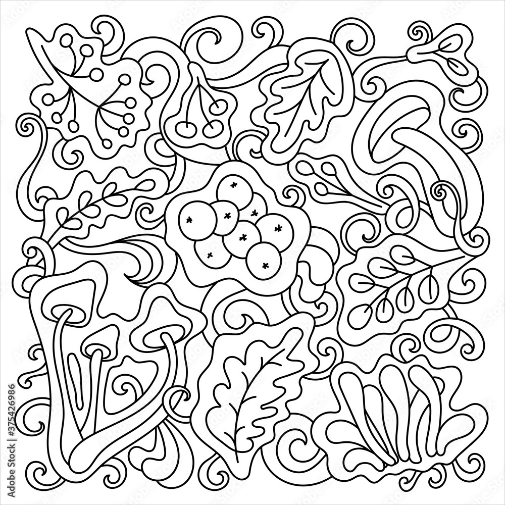 Doodle Autumn illustration. Colorings. Hand drawn line art . Contours of leaves, mushrooms, berries, abstract curls. Art for children and adults. Doodle Autumn illustration. Colorings. Hand drawn line art . Contours of leaves, mushrooms, berries, abstract curls. Art for children and adults.
