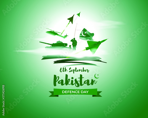 Vector illustration of Pakistan defence day, 6th september, pakistan flag, soldier with rifle and helmet, airforce craft and army tank.