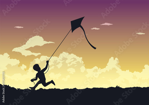 People avtivity and life scene of a boy is running to play his kite photo