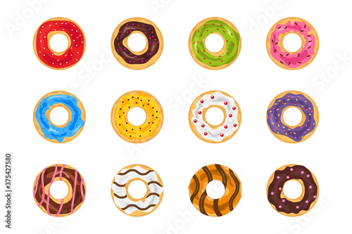 Donuts isolated on a white background. Top view. Colorful donuts collection. Pastry. Delicious dessert. Vector illustration.