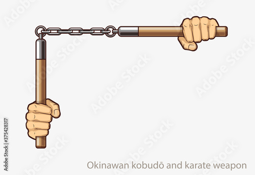 Man's hands holding nunchucks Okinawan kobudo and karate banner. Man fists nunchaku traditional Okinawan martial arts cold weapon