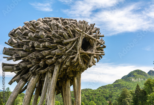 Arte Sella wood works in the nature in Trentino Alto Adige, Borgo Valsugana, northern Italy, May 24, 2020 photo