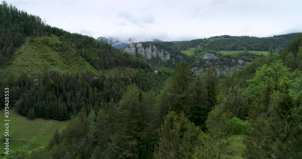Aerial Drone Shot of Mountains and Forest on a cloudy Day, 4k UHD, Semmering, Austria