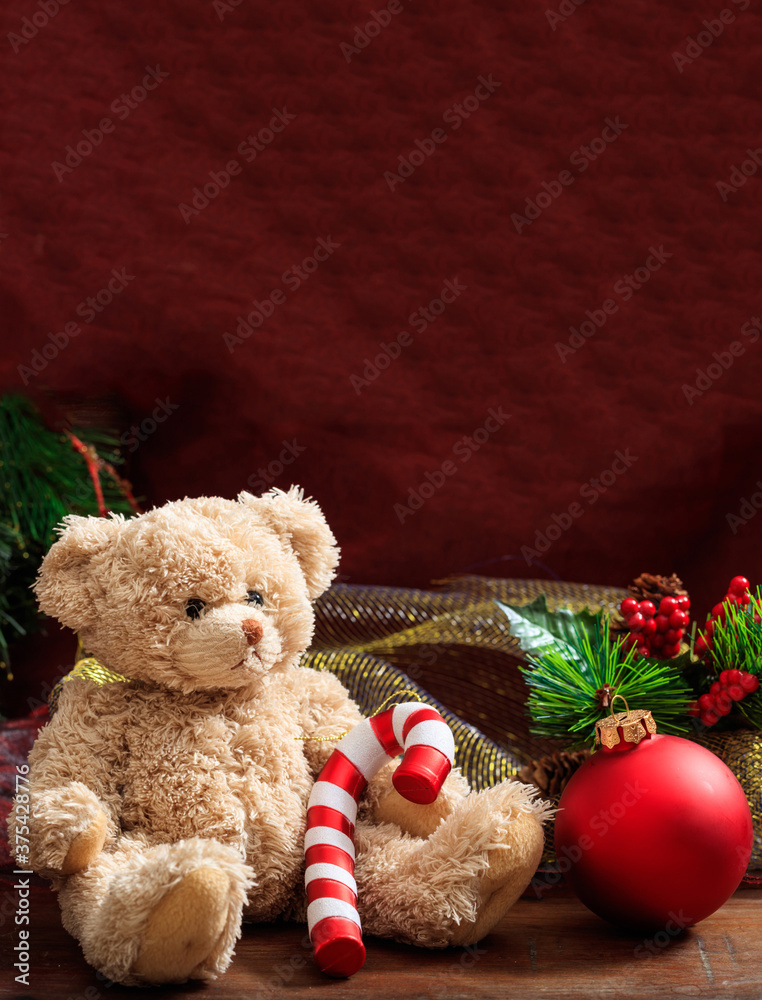 Christmas decoration, festive teddy bear and xmas ornaments