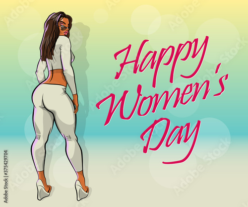 Slim girl on the background "Happy Women's Day" banner. Sexy woman in front of abstract board banner. Elegant lady on the background Happy Women's Day poster. Advertising discount sale poster
