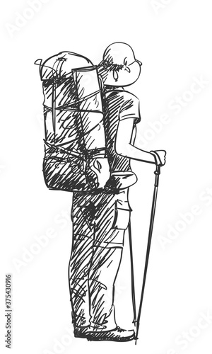 Drawing of girl backpacker hiking, view from back, Vector sketch Hand drawn illustration isolated