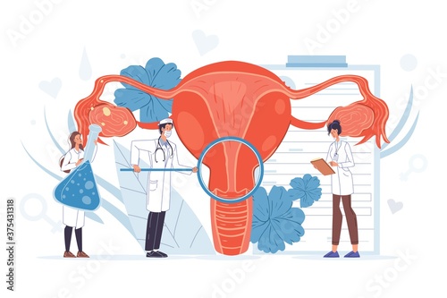 Gynecologist doctor team make uterus examination, diagnosis, laboratory test screening. Gynecology disease prevention. Female reproductive health concept. Woman anatomy, ovary, womb medical treatment
