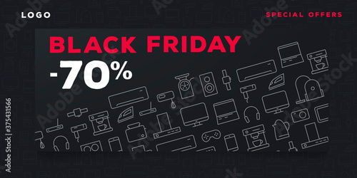 Black friday sale banner for electronic and home devices shop with icon pattern of different smart technology goods