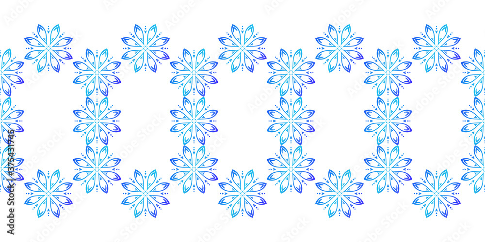 Seamless textile floral border, Geometric repetition of circular flower ornament blue gradient color, Decorative line Seamless textile floral border, Geometric repetition of circular flower ornament blue gradient color, Decorative line