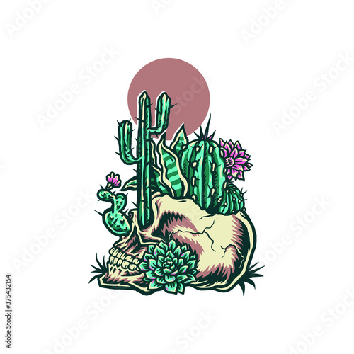 Skull with cactus, hand drawn line with digital color, vector illustration