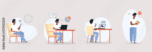 Four assorted activities of a man using a smartphone, laptop and computer in an office and home, colored vector illustration