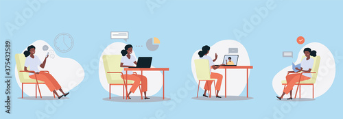 Set of four different working women doing assorted activities using laptop, computer, smartphone and reading a book, colored vector illustration