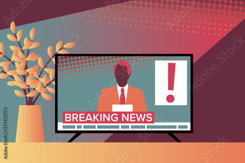 Breaking news reader anchorman in television. Media, journalism, press vector illustration.