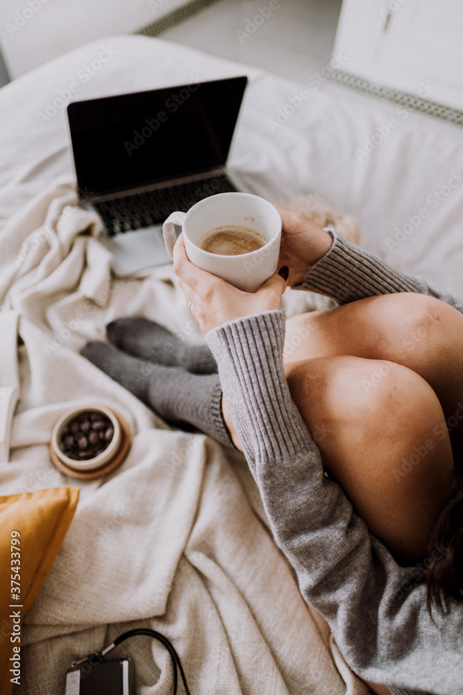 Coffee and breakfast in bed with an adorable dog Coffee and breakfast in bed with an adorable dog