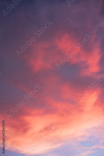 The sun illuminates the sky in such a way that it turns pink and orange. Beautiful summer sunset blue sky with pink clouds. © Ekaterina