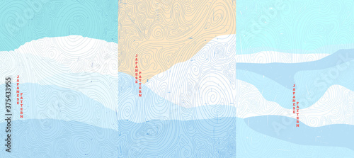 Winter. Vector illustration landscape. Wood surface texture. Snowfall scene. Mountain scene. Line wave pattern. Mountain background. Asian style. Design for poster, book cover, web template, brochure 