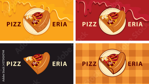 A set of business cards for a pizzeria or a pizza house. Vector illustration with a delicious slice of pizza on various backgrounds, suitable for menu cover, flyer, advertising banner