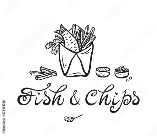 Fish and Chips in Paper Cornet. Traditional British Fast Food. Hand Drawn Doodle Sketch Fried Cod Fish and Potato Fries. Seafood and Vegetables. Street Food Menu or Label Design. Vector illustration