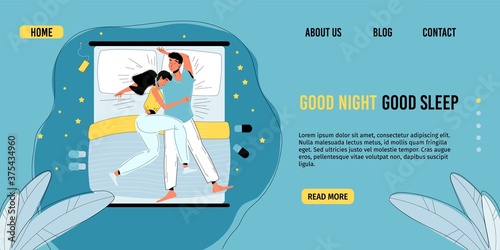 Sleeping couple. Man woman wearing pajamas lying together sleep in comfortable bed. Young family in pose dream position, rest and fall asleep at good night. Daily life. Landing page design template