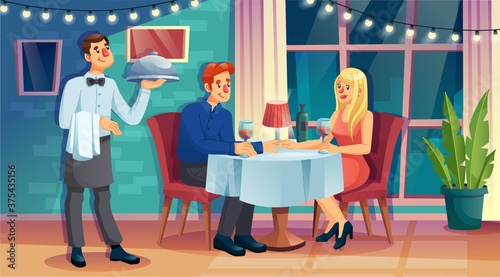Young man waiter holding dish on tray serving table for guest at restaurant. Couple visitor having romantic dinner sitting at cafe. Modern catering interior. Professional service. Cartoon character