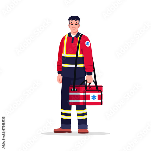 Paramedic semi flat RGB color vector illustration. Emergency medical technician. Male doctor. Chinese man working as EMT with medical bag isolated cartoon character on white background