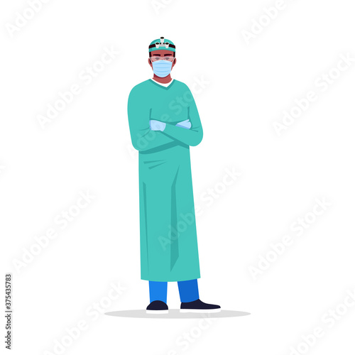 Surgeon semi flat RGB color vector illustration. Hospital staff. Medical operations specialist. Young african american man working as surgery physician isolated cartoon character on white background