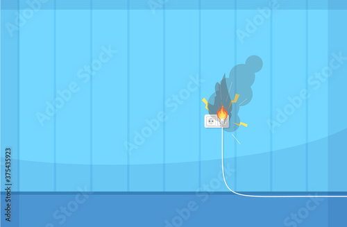 Faulty wiring semi flat RGB color vector illustration. High voltage. Burning flame. Electrical short circuit. Electricity and fire protection isolated cartoon object on dark blue background