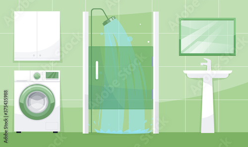 Bathroom view semi flat vector illustration. All bath equipment. Washing machine, washbasin, shower cubicle with running water, mirror, wall cabinet 2D cartoon scene for commercial use