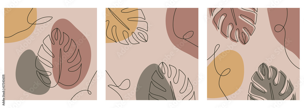 Set of 3 abstract monstera leaf backgrounds. Great for packaging, posters, cards. Set of 3 abstract monstera leaf backgrounds. Great for packaging, posters, cards.