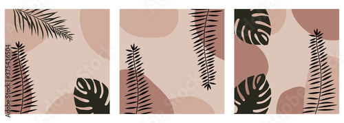 Set of 3 modern abstract backgrounds with tropical leaves. Great for cards, banners, posters.