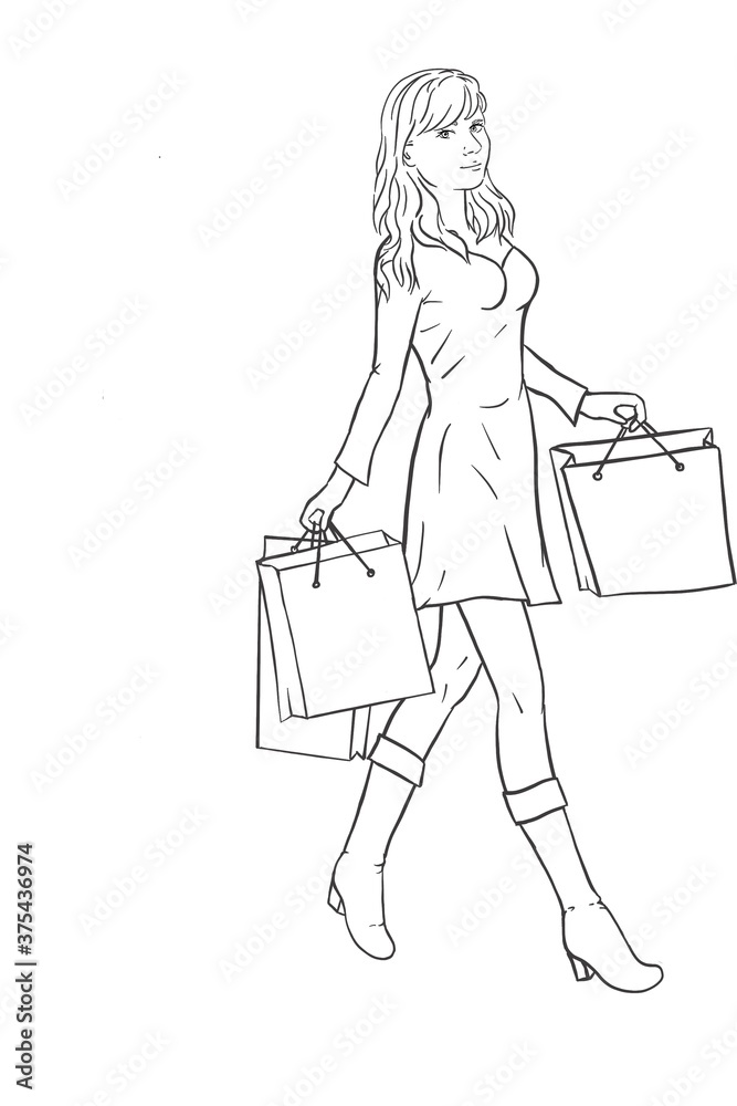happy beautiful woman shopper walks with shopping bags and smiles contour illustration isolate