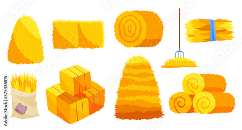 Collection of hays. Flat vector illustration dried haystacks with fork. Rolls of hay. A supply of feed for livestock, the object of agriculture. Farm straw bale nature agriculture