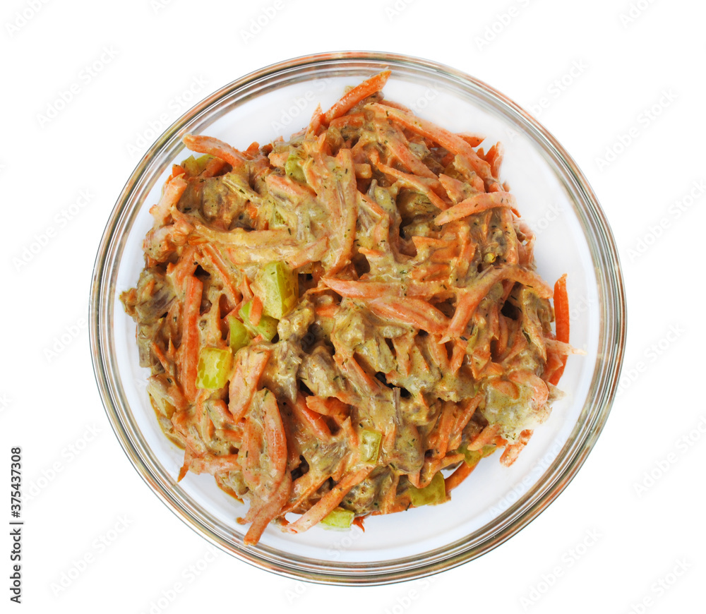 Meat salad with carrots and paprika isolated on white background top view