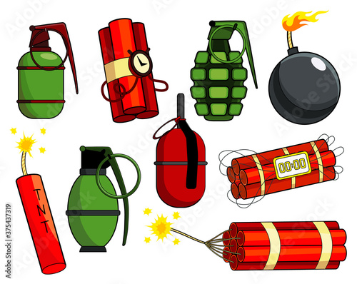 Pop art bombs collection in comic retro style. Terrorism is a danger of destruction. Set of cartoon burning dynamite