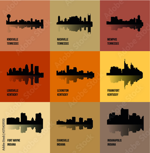 Knoxville, Nashville, Memphis, Louisville, Lexington, Frankfort, Fort Wayne, Evansville, Indianapolis (Set of 9 city silhouette)