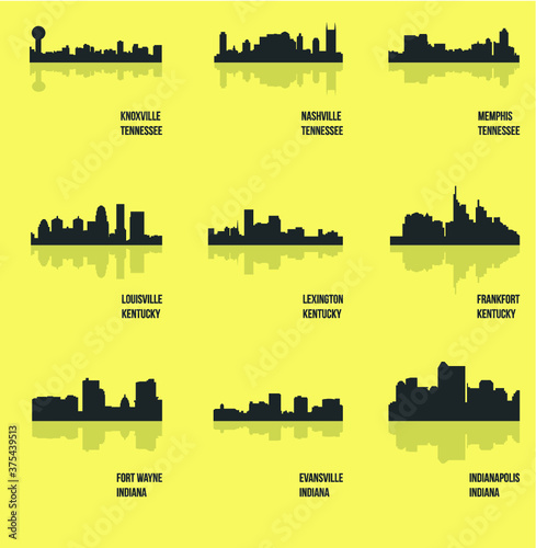Knoxville, Nashville, Memphis, Louisville, Lexington, Frankfort, Fort Wayne, Evansville, Indianapolis (Set of 9 city silhouette)