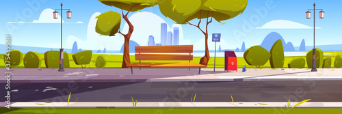 Bench with free wifi in park, outdoor place with hotspot public access zone, wireless internet. Summer city landscape area with green trees, litter bin and street lamps. Cartoon vector illustration