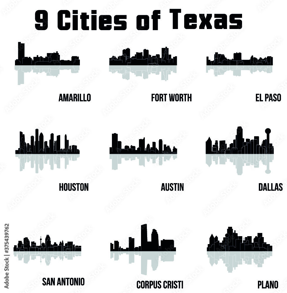 Cities of Texas ( Amarillo, Fort Worth, El Paso, Houston, Austin, Dallas, San Antonio, Plano, Corpus Cristi, Galveston, Abilene, Arlington, Lubbock, Midland, Beaumont )