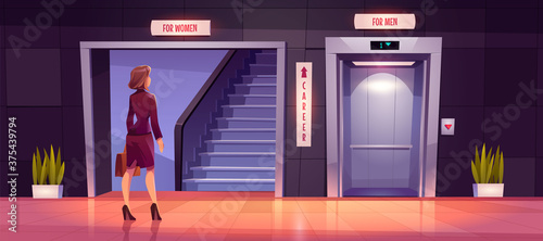 Sexism and discrimination of women in career growth. Preoccupied businesswoman stand near ladder and open lift doors for men. Unequal career opportunities, glass ceiling. Cartoon vector illustration