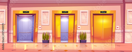Luxury hallway interior with golden elevator doors, marble wall and plants. Vector cartoon illustration of empty office lobby, hotel hall or waiting area with gold lift