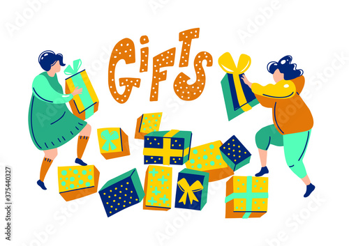 Time for gifts. People in winter clothes give gifts to their loved ones. friends exchange gifts. The parents gave the child a surprise. unpacking gifts at Christmas. Winter decoration in illustration