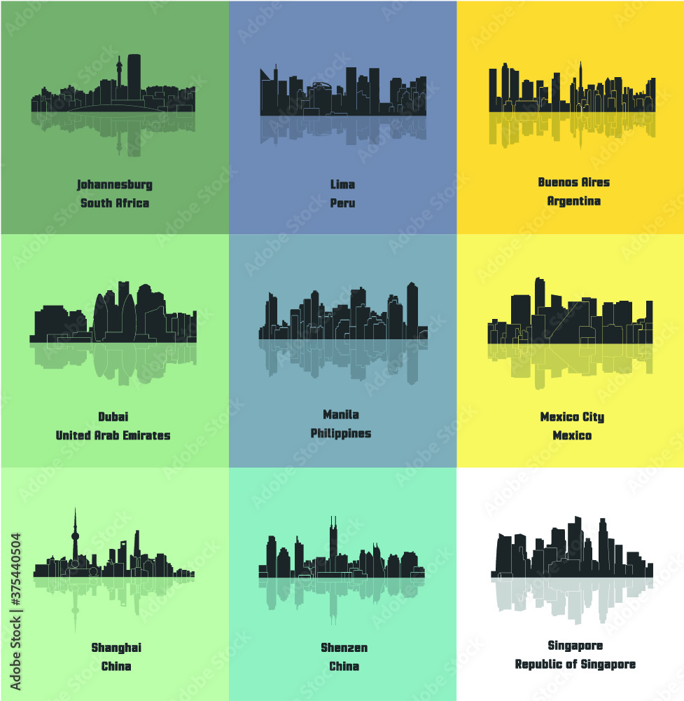 Naklejka premium Set of 9 City (Johannesburg, Lima, Buenos Aires, Dubai, Manila, Mexico City, Shanghai, Shenzen, Singapore)