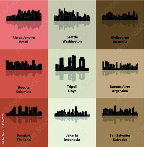 Bogota, Buenos Aires, Jakarta, Salvador, Melbourne, Bangkok, Seattle, Tripoli, Rio de Janeiro (Set of 9 city silhouette) photo