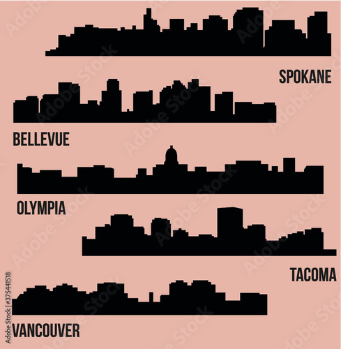 Set of 5 City in Washington  Olympia  Bellevue  Spokane  Tacoma  Vancouver 