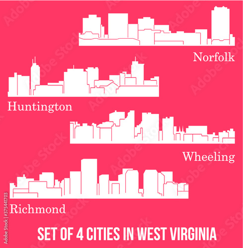 Set of 4 City silhouette Virginia (Richmond, Norfolk, Huntington, Wheeling)