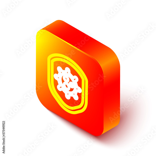Isometric line Shield protecting from virus, germs and bacteria icon isolated on white background. Immune system concept. Corona virus 2019-nCoV. Orange square button. Vector Illustration.